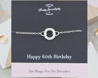 60th Birthday Bracelet - 60th Birthday Gift - 6 Rings For 6 Decades - Sterling Silver