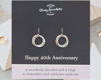 40th Anniversary Earrings, 40th Wedding Anniversary Gift, 4 Rings For 4 Decades of Marriage, Gold and Silver
