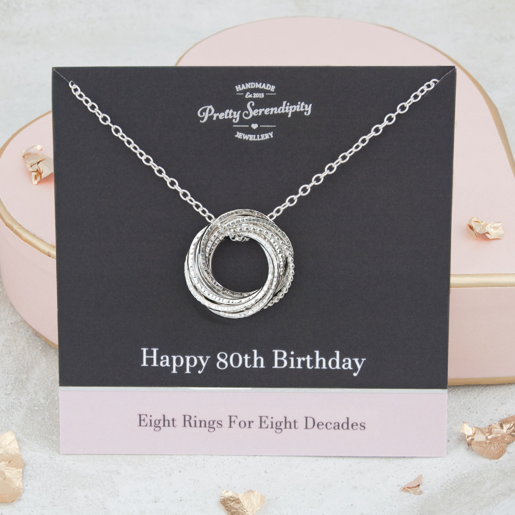 80Th Birthday Textured Silver Necklace, 8 Rings, Gift