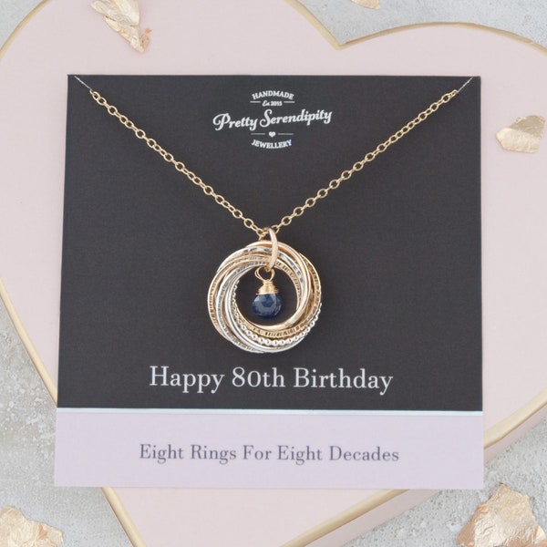 80th Birthday Mixed Metal Birthstone Necklace - 8 Rings For 8 Decades - 80th Birthday Gifts For Her - Silver and 14ct Gold Fill