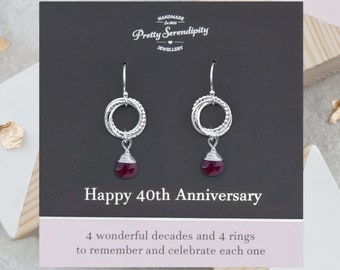 40th Ruby Anniversary Earrings - Textured Sterling Silver, 40th Wedding Anniversary Jewellery