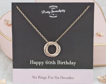 Mini 60th Birthday Necklace - 60th Birthday Gifts For Her - 6 Rings For 6 Decades - Silver & Gold