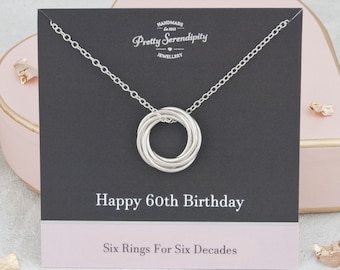 60th Birthday Necklace - 60th Birthday Gift - 6 Rings For 6 Decades - Sterling Silver
