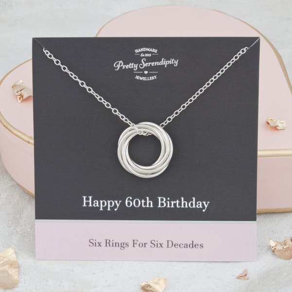 60th Birthday Necklace, 60th Birthday Gift For Mother, 6 Rings For 6 Decades