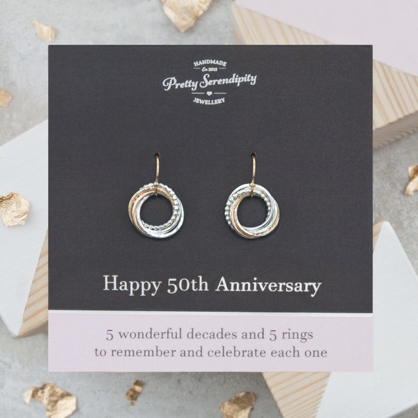 50th Anniversary Earrings, 50th Wedding Anniversary Gift, 5 Rings For 5 Decades of Marriage, Gold and Silver