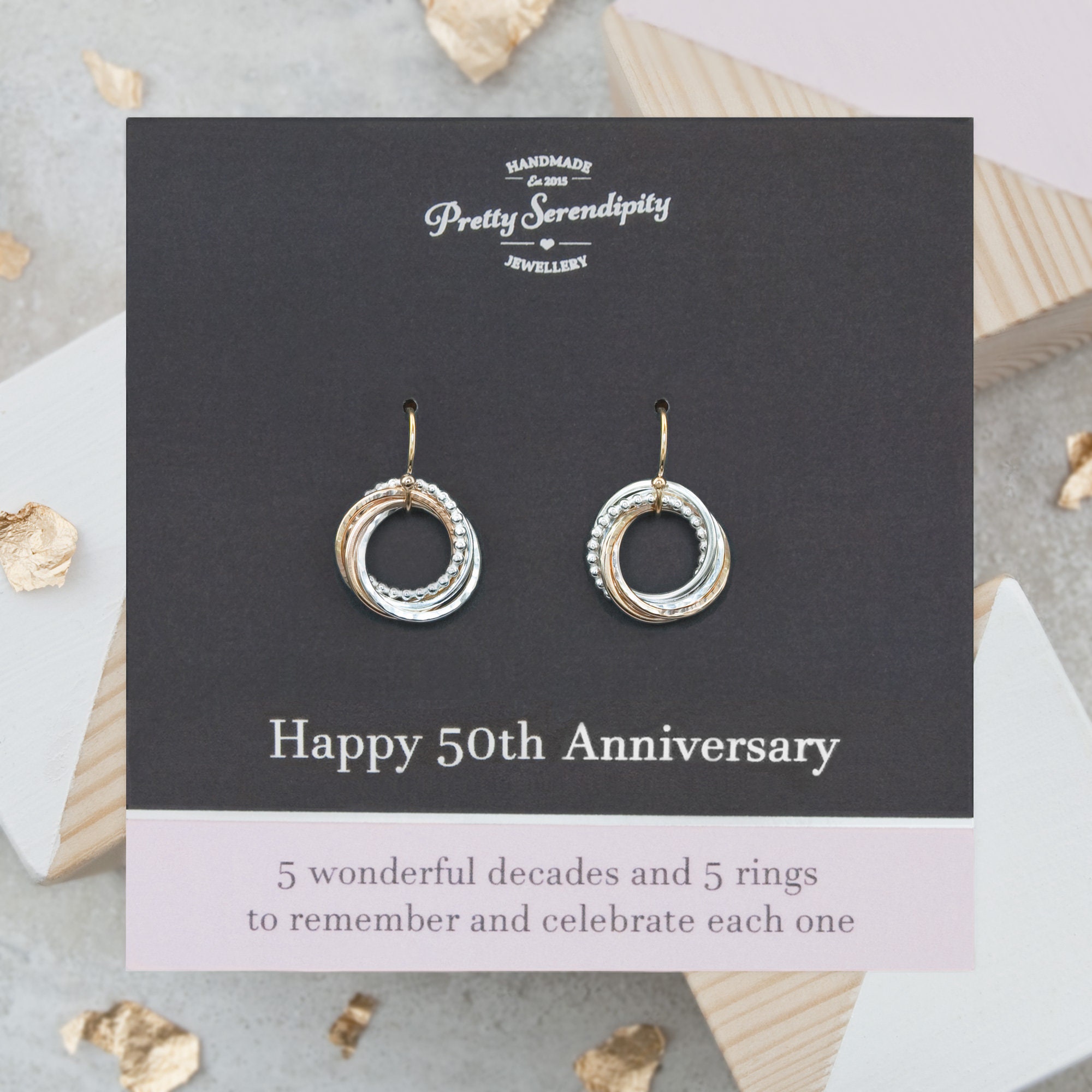 50Th Anniversary Earrings, Wedding Gift, 5 Rings For Decades Of Marriage, Gold & Silver