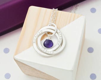 Personalised Russian Ring Necklace with Birthstone, 3 Rings For 3 Names, 30th Birthday Gift