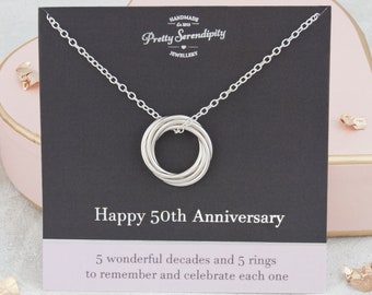 50th Anniversary Necklace - 5 Rings For 5 Decades of Marriage, 50th Anniversary Gift, Sterling Silver