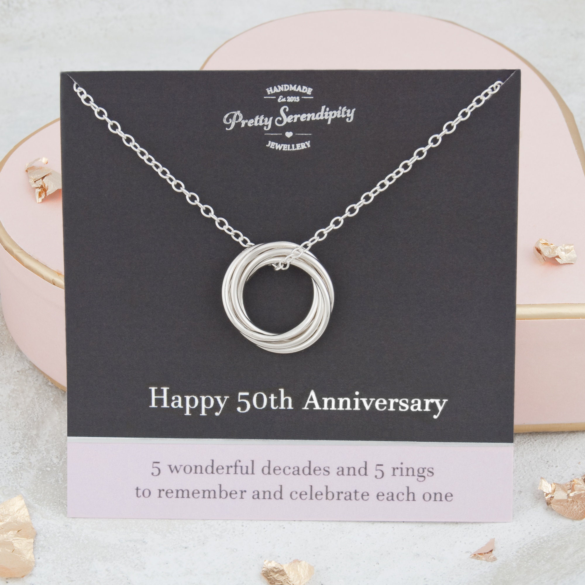 50Th Anniversary Necklace - 5 Rings For Decades Of Marriage, Gift, Sterling Silver