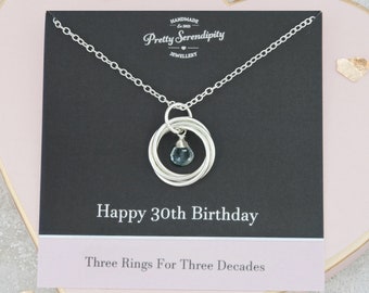 30th Birthday Birthstone Necklace - 30th Birthday Gift - 3 Rings For 3 Decades - Sterling Silver