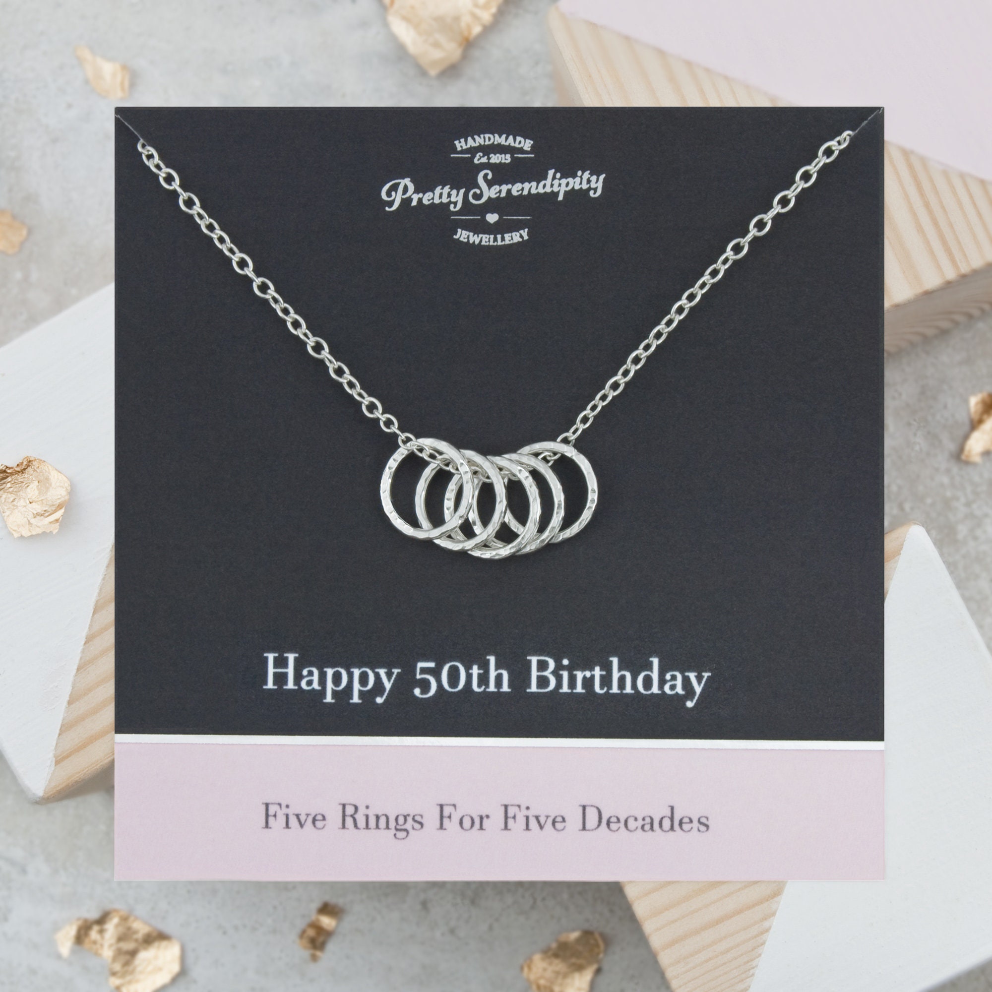 50Th Birthday Necklace With 5 Hammered Rings, Gifts, Jewellery, Gift For Mom, Ring