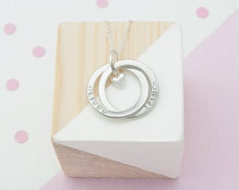 Personalised Russian Ring Necklace with Heart, 2 Rings For 2 Names, Eternity Necklace, Birthday Gift For Her