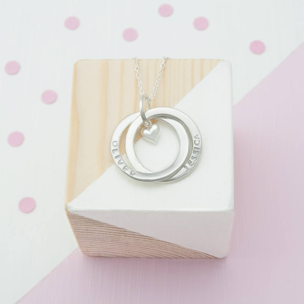 Personalised Russian Ring Necklace With Heart, 2 Rings For Names, Eternity Necklace, Birthday Gift Her, Christmas Jewellery