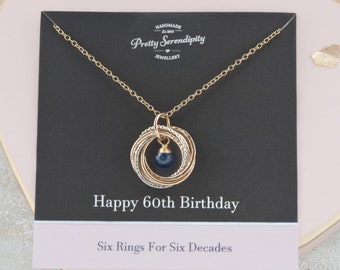 60th Birthday Birthstone Necklace - 60th Birthday Gift - 6 Rings For 6 Decades - Silver & Gold