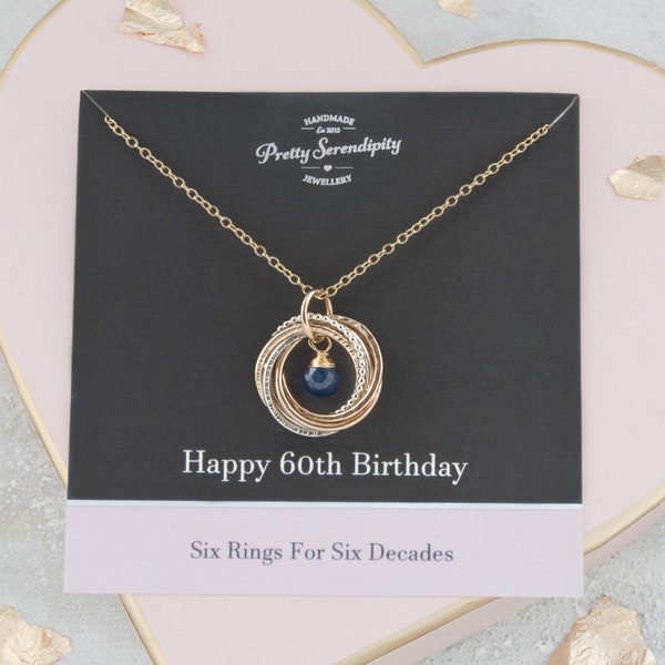 60th Birthday Mixed Metal Birthstone Necklace - 6 Rings For 6 Decades - 60th Birthday Gifts For Her - Silver and 14ct Gold Fill