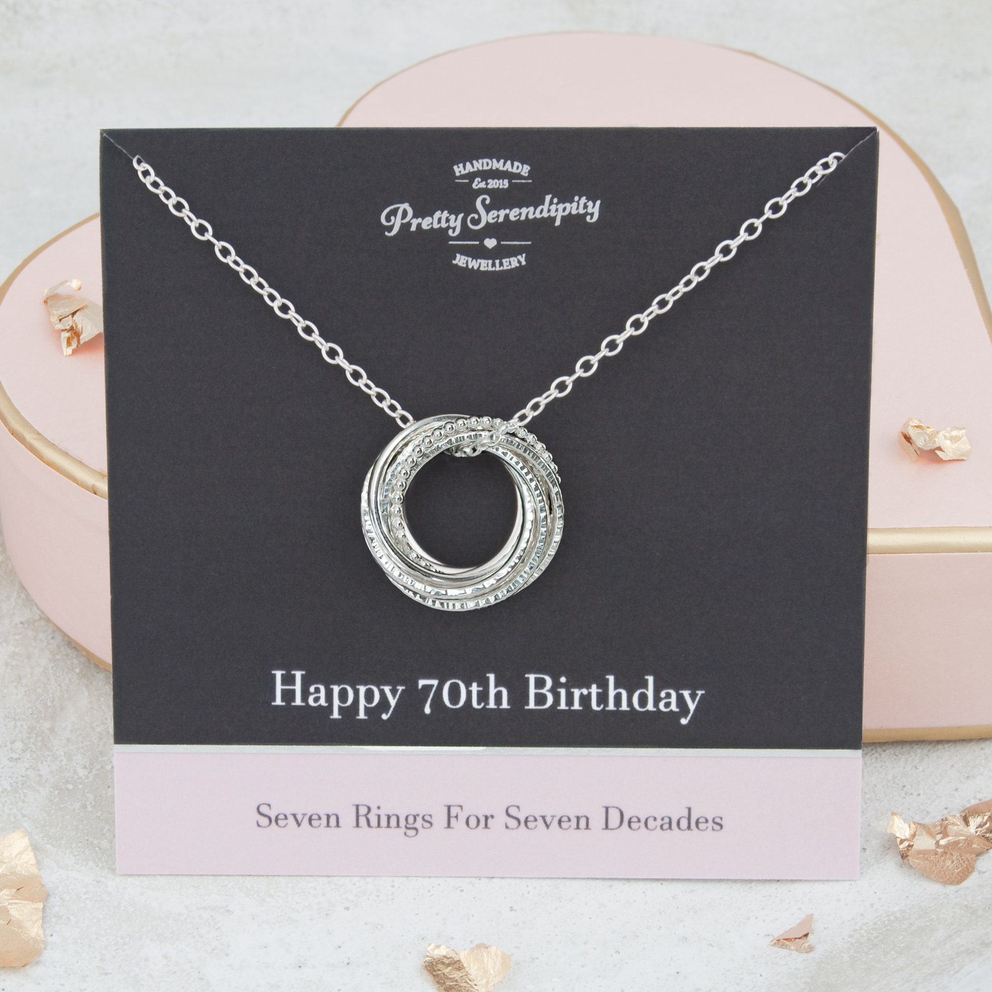 70Th Birthday Textured Silver Necklace, 7 Rings, Gift