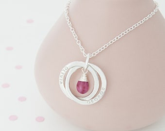 Two Ring Russian Necklace with Birthstone, Personalised Gift For Mother, Two Name Eternity Necklace