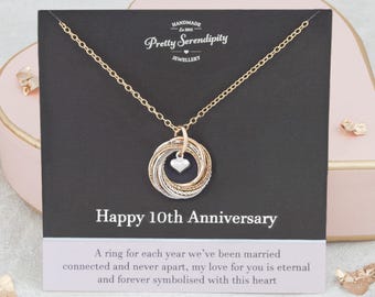 May include: A gold necklace with a pendant made of ten interlocking rings, symbolizing ten years of marriage. The pendant has a small heart charm in the center. The necklace is displayed on a black card with the text "Happy 10th Anniversary" and a message about the rings representing each year of marriage.