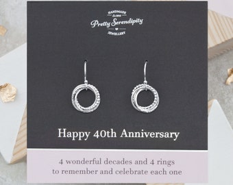 40th Wedding Anniversary Earrings - 4 Rings For 4 Decades of Marriage, 40th Anniversary Gift, Textured Sterling Silver