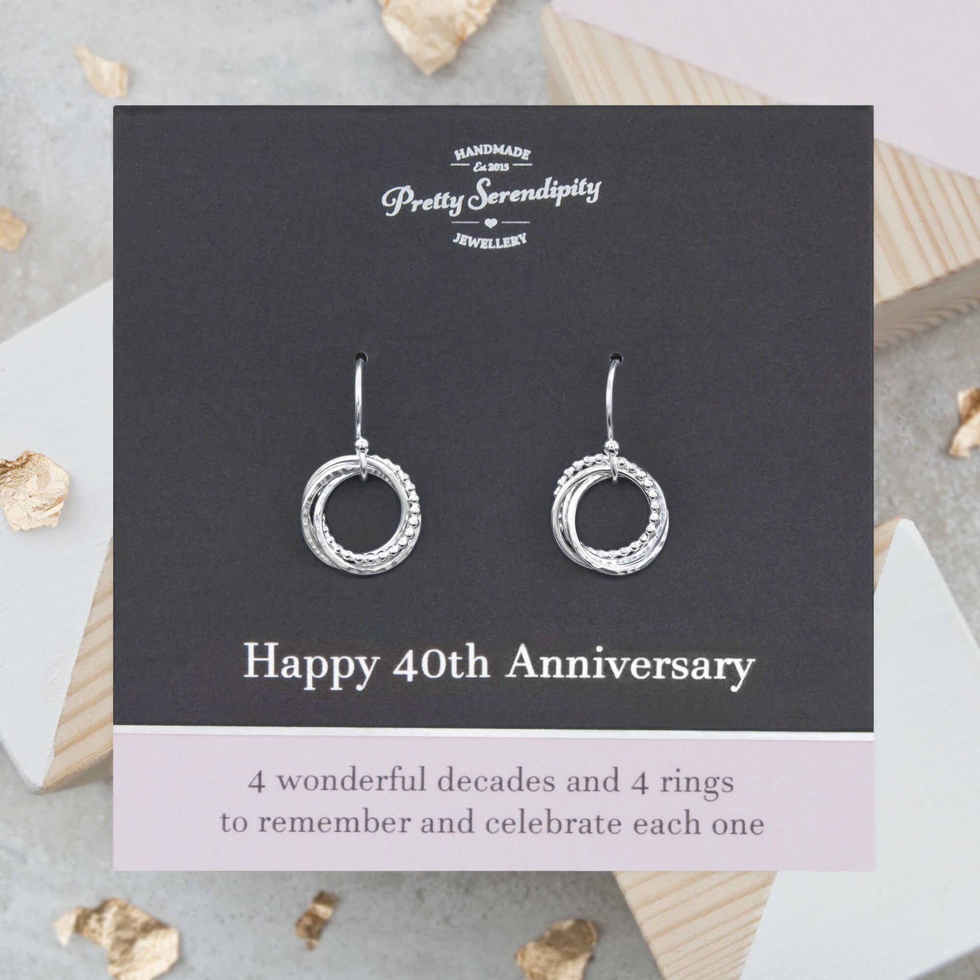 40Th Wedding Anniversary Earrings - 4 Rings For Decades Of Marriage, Gift, Textured Sterling Silver