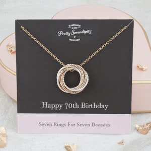 70th Birthday Mixed Metal Necklace - 70th Birthday Gift - 7 Rings For 7 Decades - Silver and 14ct Gold Fill