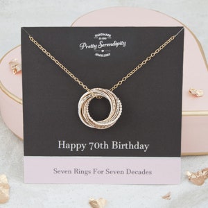 70th Birthday Necklace - 70th Birthday Gift - 7 Rings For 7 Decades - Silver & Gold