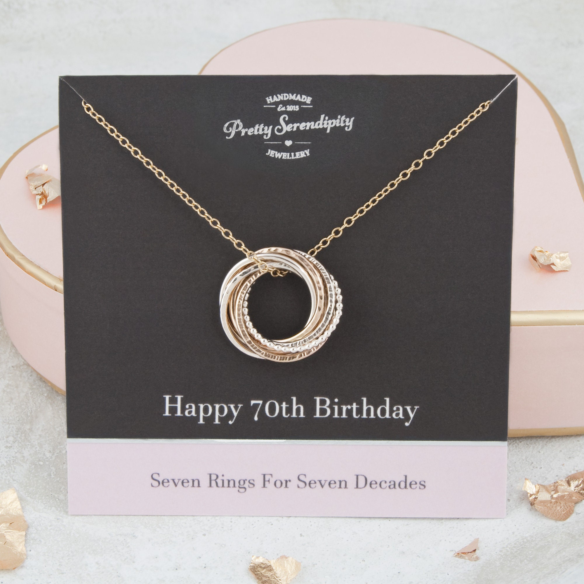 70Th Birthday Mixed Metal Necklace - Gift 7 Rings For Decades Silver & 14Ct Gold Fill