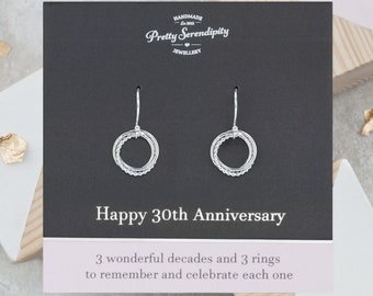 30th Wedding Anniversary Earrings - 3 Rings For 3 Decades of Marriage, 30th Anniversary Gift, Textured Sterling Silver