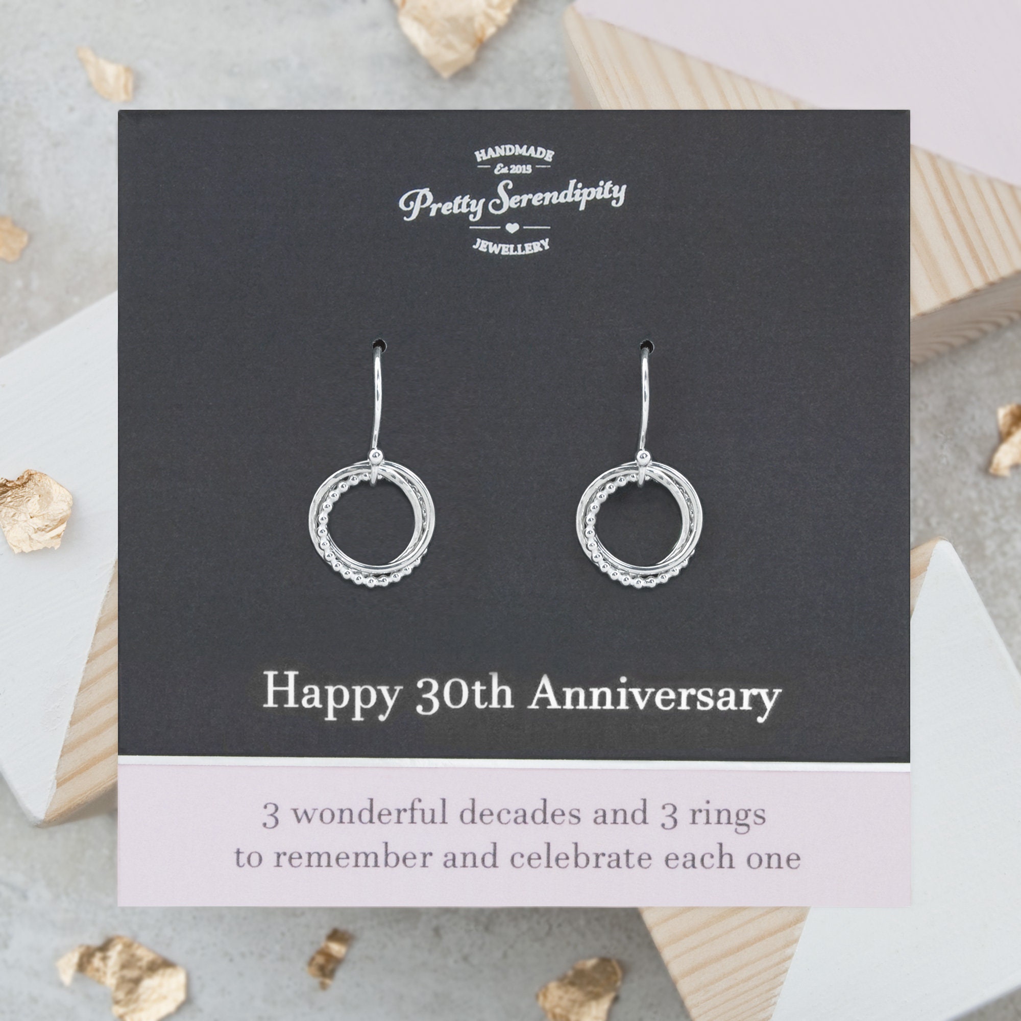 30Th Wedding Anniversary Earrings - 3 Rings For Decades Of Marriage, Gift, Textured Sterling Silver