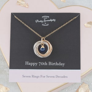 70th Birthday Mixed Metal Birthstone Necklace - 7 Rings For 7 Decades - 70th Birthday Gifts For Her - Silver and 14ct Gold Fill