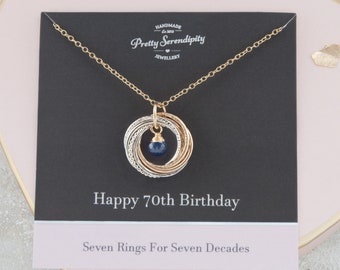 70th Birthday Mixed Metal Birthstone Collar - 7 Anillos Para 7 Décadas - 70th Birthday Gifts For Her - Plata y relleno de oro de 14ct