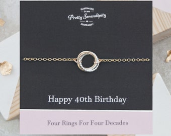 40th Birthday Bracelet - 40th Birthday Gift - 4 Rings For 4 Decades - Silver & Gold