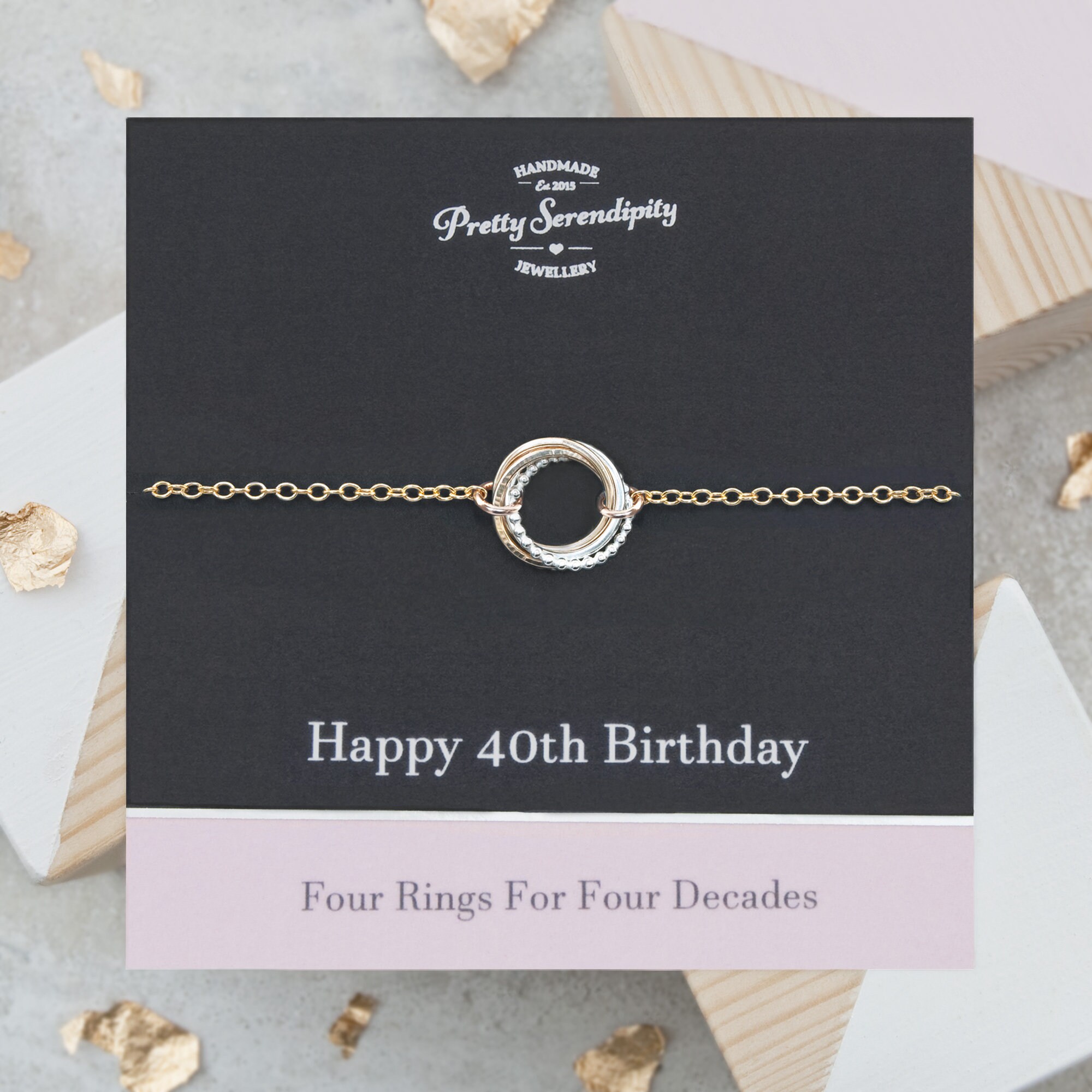 40Th Birthday Mixed Metal Bracelet - 4 Rings For Decades, Gifts Her, Silver & 14Ct Gold Fill