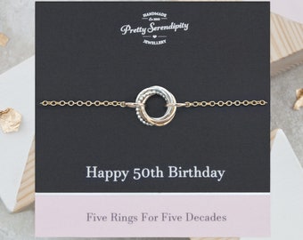 50th Birthday Bracelet - 50th Birthday Gift - 5 Rings For 5 Decades - Silver & Gold
