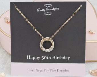 Mini 50th Birthday Necklace - 50th Birthday Gifts For Her - 5 Rings For 5 Decades - Silver & Gold