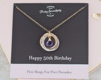 50th Birthday Mixed Metal Birthstone Necklace - 5 Rings For 5 Decades - 50th Birthday Gifts For Her - Silver and 14ct Gold Fill