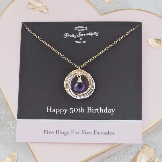 50th Birthday Mixed Metal Birthstone Necklace 5 Rings for 5
