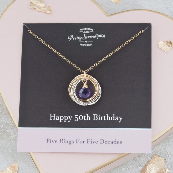 50th Birthday Mixed Metal Birthstone Necklace - 5 Rings For 5 Decades - 50th Birthday Gifts For Her - Silver and 14ct Gold Fill