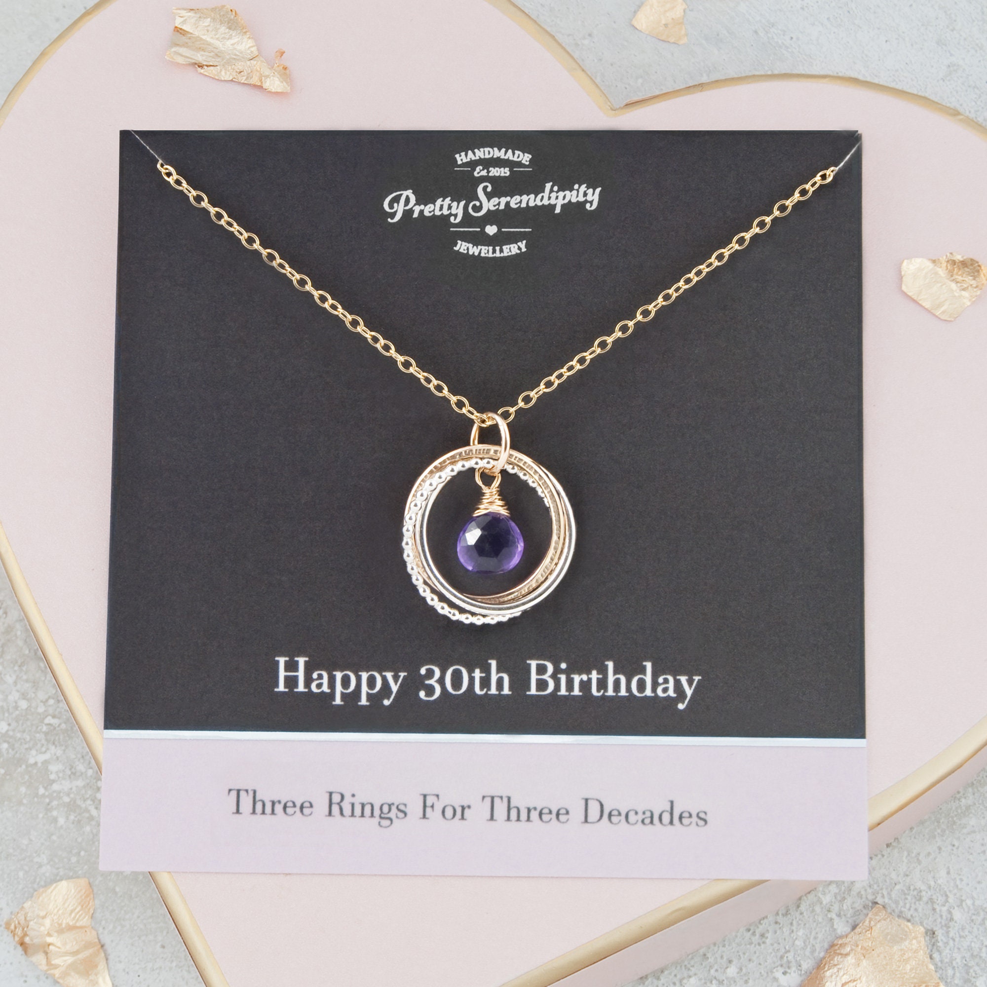 30Th Birthday Mixed Metal Birthstone Necklace - 3 Rings For Decades Gifts Her Silver & 14Ct Gold Fill