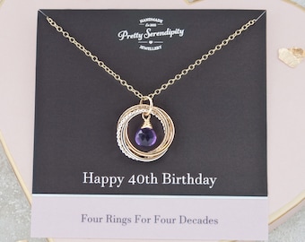 40th Birthday Birthstone Necklace - 40th Birthday Gift - 4 Rings For 4 Decades - Silver & Gold