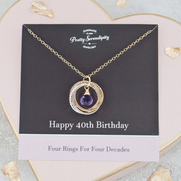 40th Birthday Mixed Metal Birthstone Necklace - 4 Rings For 4 Decades - 40th Birthday Gifts For Her - Silver and 14ct Gold Fill