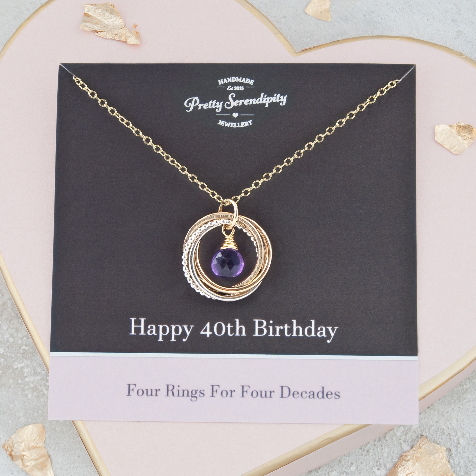 40Th Birthday Mixed Metal Birthstone Necklace - 4 Rings For Decades Gifts Her Silver & 14Ct Gold Fill