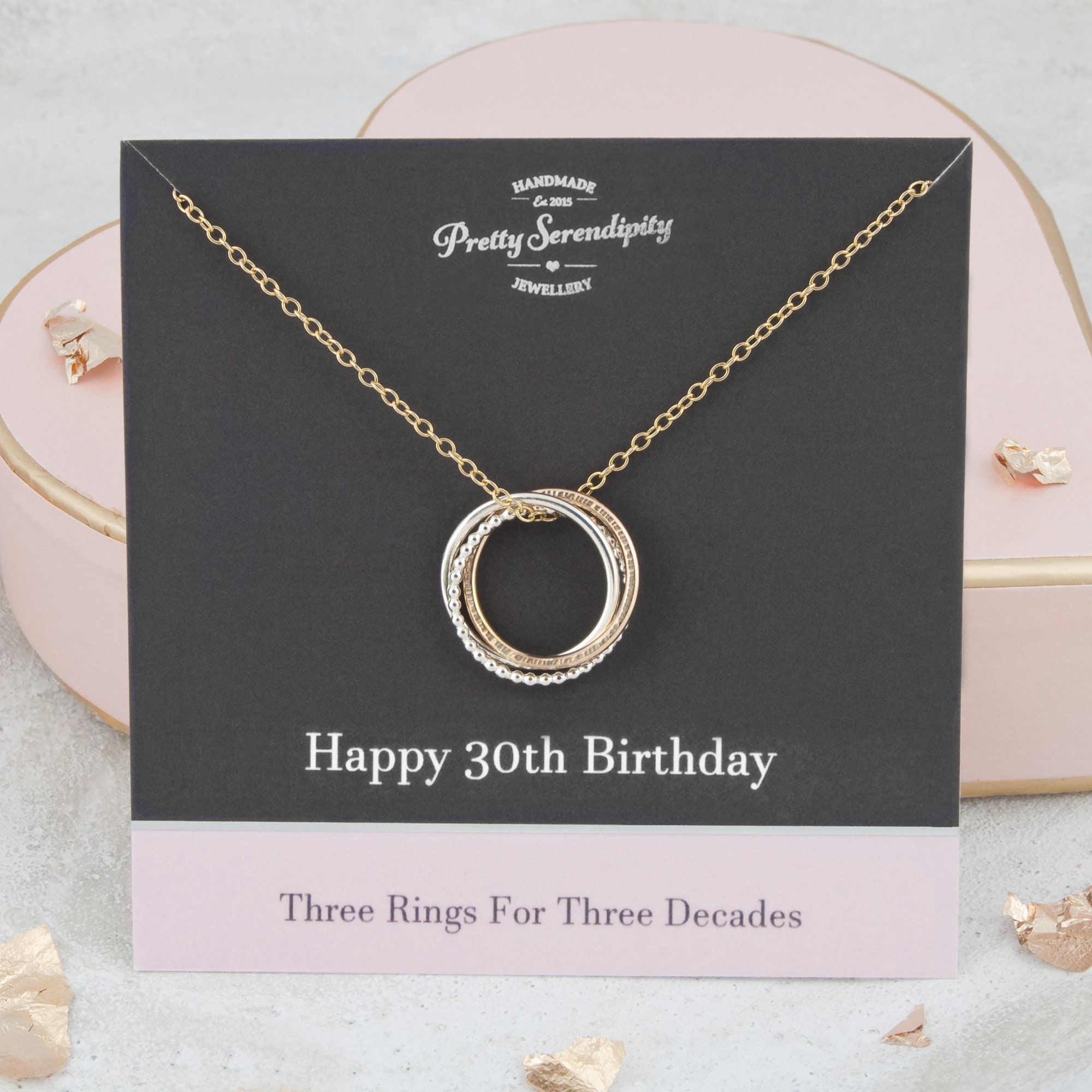 30Th Birthday Mixed Metal Necklace - Gift 3 Rings For Decades Silver & 14Ct Gold Fill