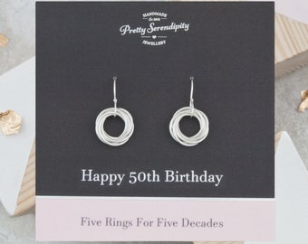 50th Birthday Earrings - 50th Birthday Gift - 5 Rings For 5 Decades - Sterling Silver