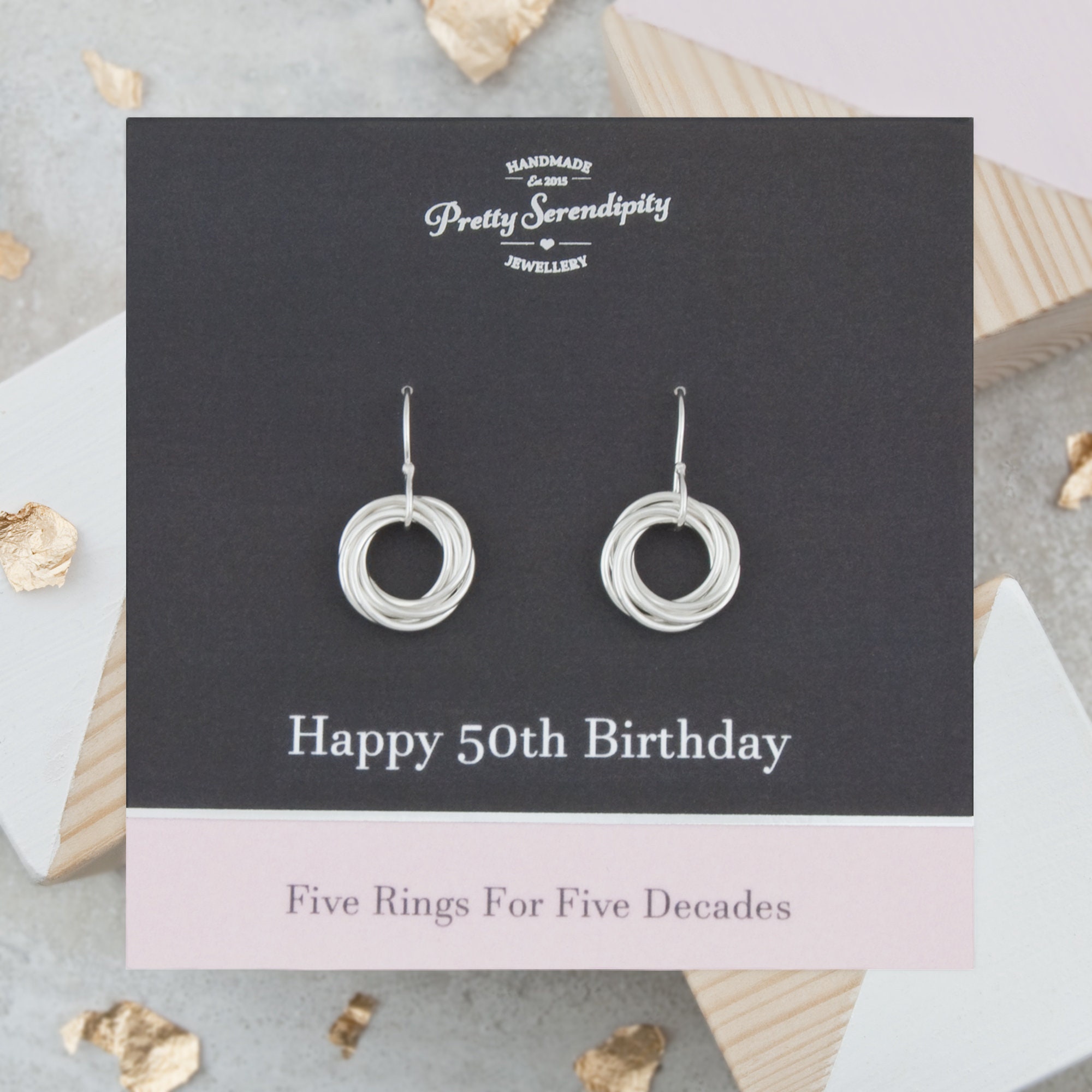 50Th Birthday Earrings, Gift, Jewellery, 5 Rings For Decades