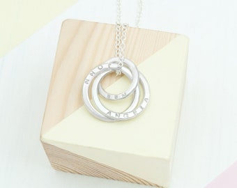 Personalised Three Ring Family Names Necklace, Birthday Gifts For Mothers, New Mum Necklace