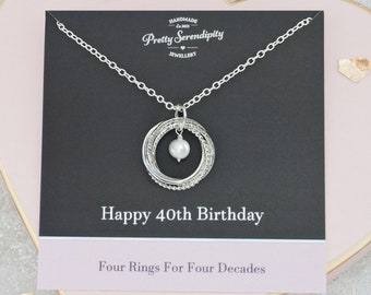 40th Birthday Birthstone Necklace - Textured Sterling Silver, 4 Rings For 4 Decades, 40th Gift For Her