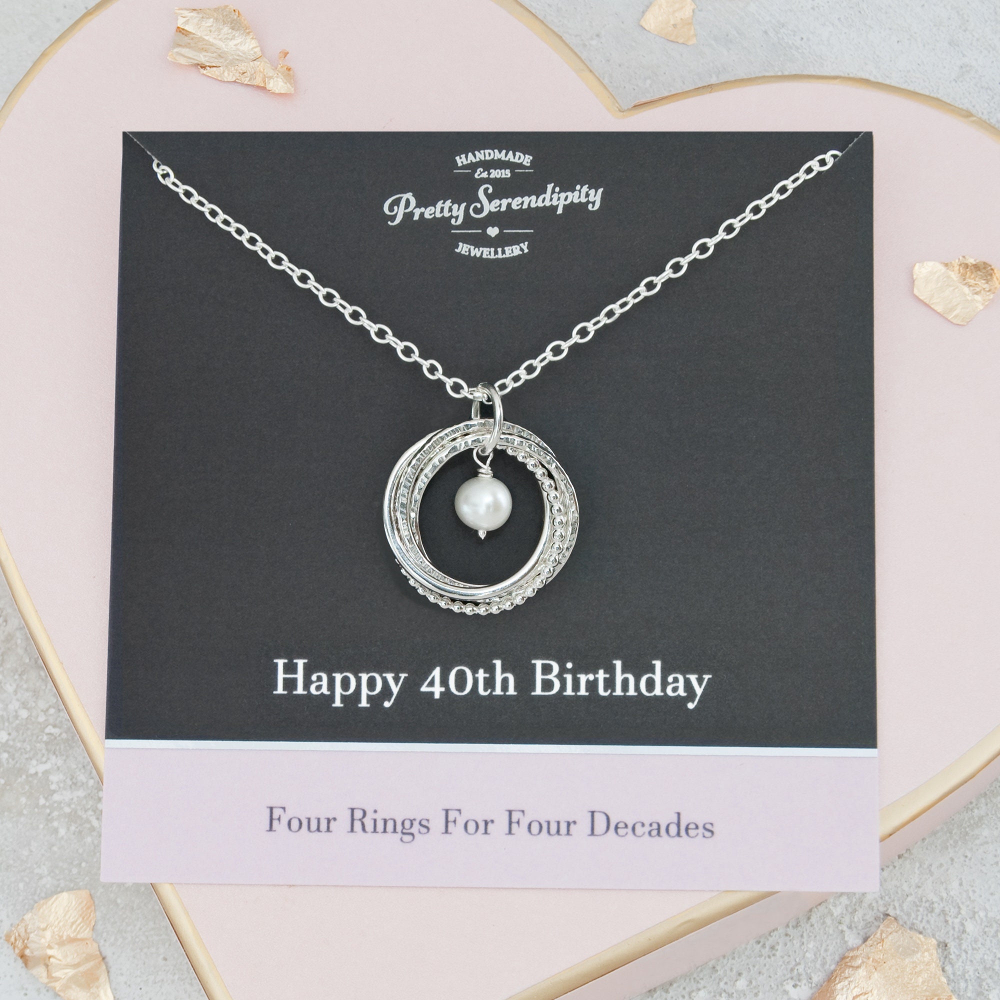 40Th Birthday Birthstone Necklace - Textured Sterling Silver, 4 Rings For Decades, Gift Her