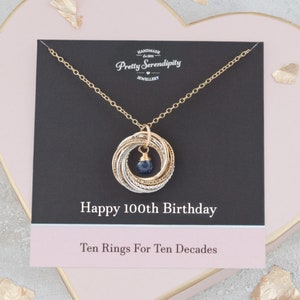 100th Birthday Birthstone Necklace - 100th Birthday Gift - 10 Rings For 10 Decades - Silver & Gold image 1