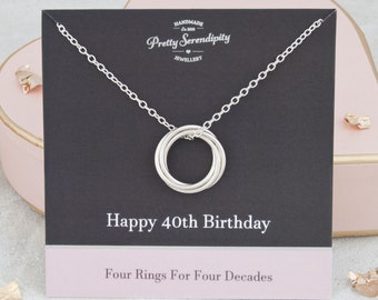 40th Birthday Necklace, 40th Birthday Gift For Daughter, 4 Rings For 4 Decades